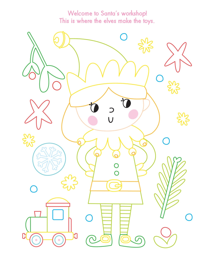 My Gem Art Colouring Book Christmas, open colouring page showing elf in Santa's workshop with toy train, mistletoe, snowflakes and festive details, ready to colour and decorate with gems