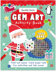 Sparkly Santa Gem Art Activity Book, front cover showing illustrated Santa with gift sack surrounded by Christmas characters and snowflakes, spiral bound, white background