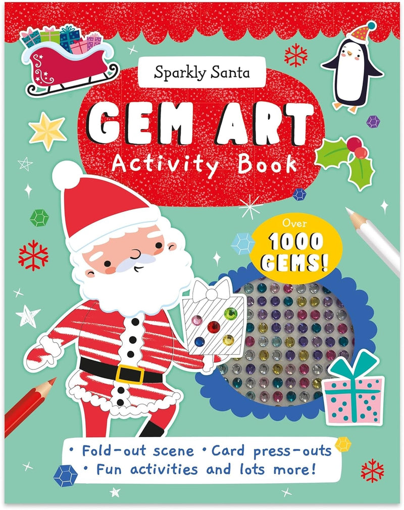 Sparkly Santa Gem Art Activity Book, front cover showing illustrated Santa with gift sack surrounded by Christmas characters and snowflakes, spiral bound, white background