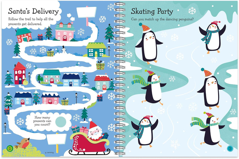 Sparkly Santa Gem Art Activity Book, open spread showing Santa's Delivery trail maze on left and Skating Party penguin matching activity on right, bright illustrated pages
