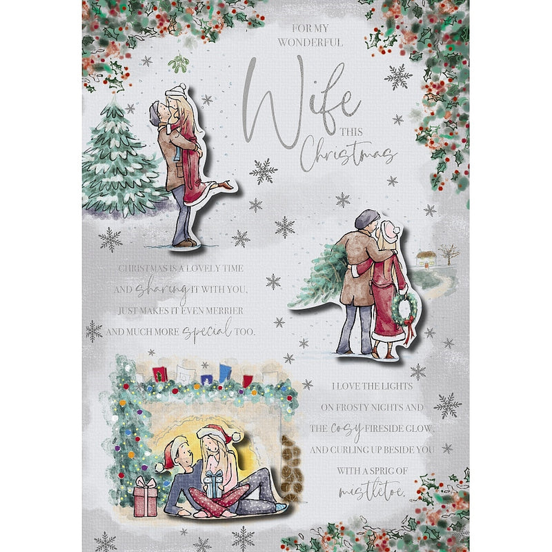 For My Wonderful Wife Christmas card featuring illustrated couples kissing, embracing outdoors and relaxing beside a festive fireplace, framed by holly, berries and snowflakes
