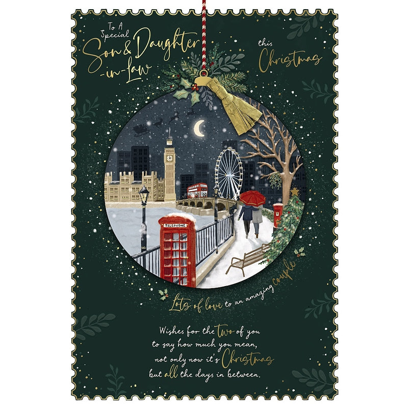 Special Son and Daughter-in-Law Christmas card featuring a snowy London scene inside a bauble, with Big Ben, the London Eye and a couple walking beneath an umbrella.