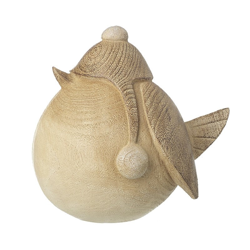 Plump bird ornament in a bobble hat with warm sandy finish and wood-grain-effect texture, 14 x 10.5 x 12.5cm