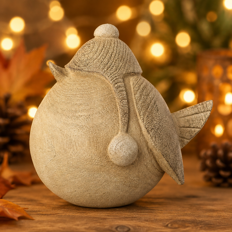Bird ornament in bobble hat displayed on a wooden surface with soft warm golden bokeh fairy lights in the background