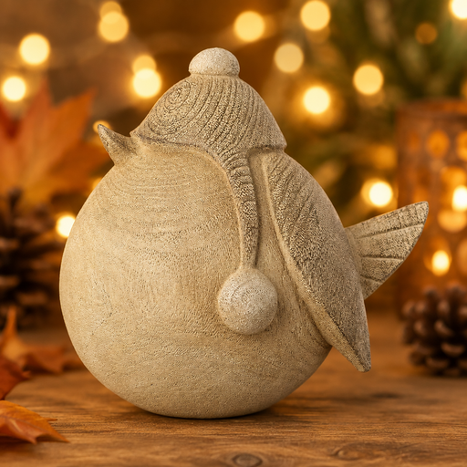 Bird ornament in bobble hat displayed on a wooden surface with soft warm golden bokeh fairy lights in the background