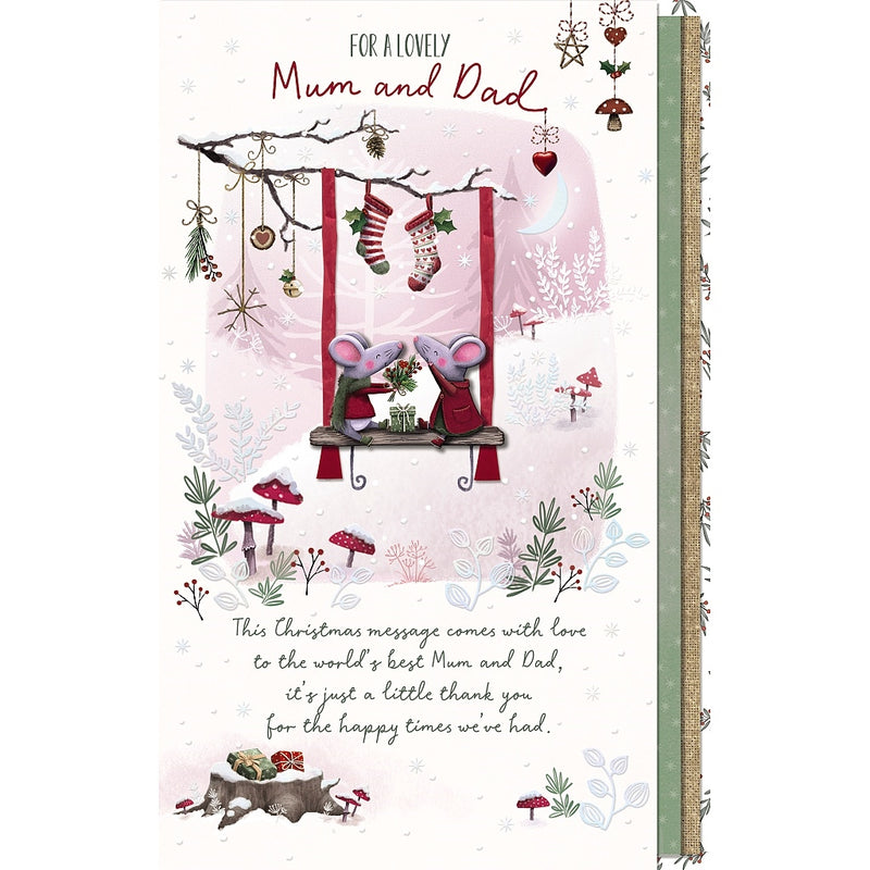 Lovely Mum and Dad Christmas card featuring two illustrated mice on a ribbon-hung swing beneath a branch with stockings and festive ornaments, surrounded by woodland foliage and toadstools