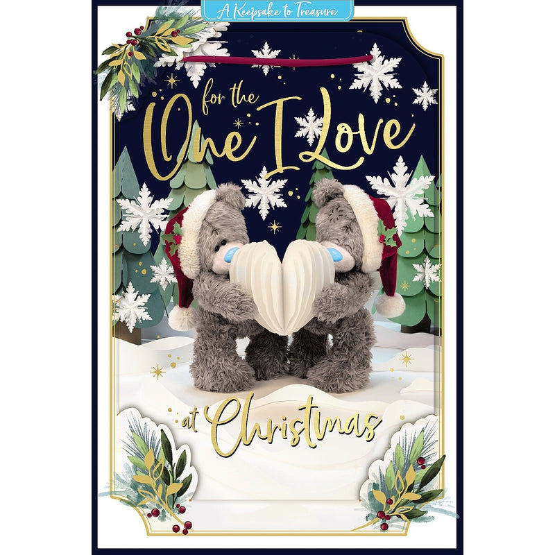For the One I Love 3D-effect Christmas card featuring two Tatty Teddy bears in Santa hats holding a heart, surrounded by Christmas trees, snowflakes and festive foliage.