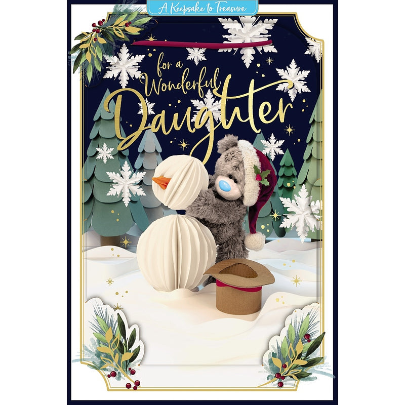 Wonderful Daughter 3D-effect Christmas card featuring Tatty Teddy in a Santa hat building a snowman, with Christmas trees, snowflakes and festive foliage surrounding the scene.