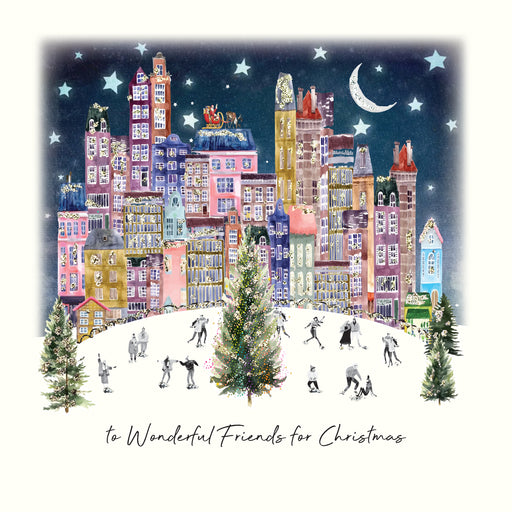 A night-time illustrated cityscape with ice skaters, a central Christmas tree, Santa on a rooftop, and a crescent moon in a star-scattered sky, with hand painted glitter detail and the sentiment "to Wonderful Friends for Christmas"