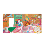 Let's Explore Santa's Village Book, open fold-out spread showing Santa's office with Santa checking his naughty and nice list, elves, a fireplace, grandfather clock and letter to Santa press-out, white background
