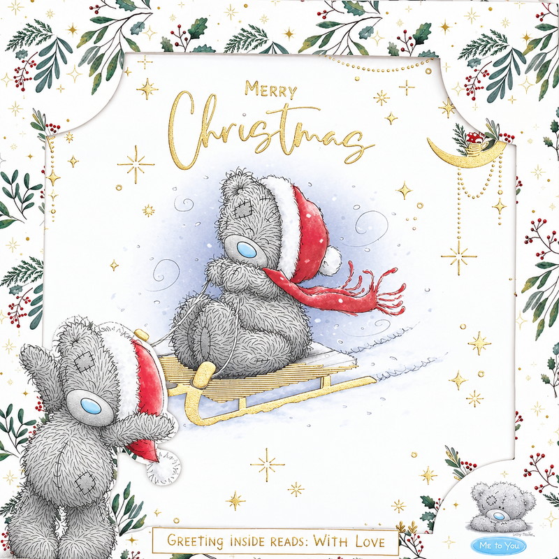 Tatty Teddy Bear sleigh design from a pack of 10 Christmas cards, showing him wearing a Santa hat and scarf, framed by festive foliage and stars.