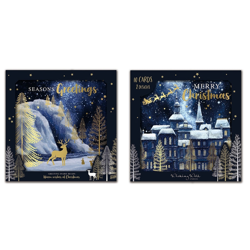 Pack of 10 boxed Christmas cards in two winter designs, featuring deer in a snowy woodland and snow-covered buildings with Santa’s sleigh overhead, with Season’s Greetings and Merry Christmas messages