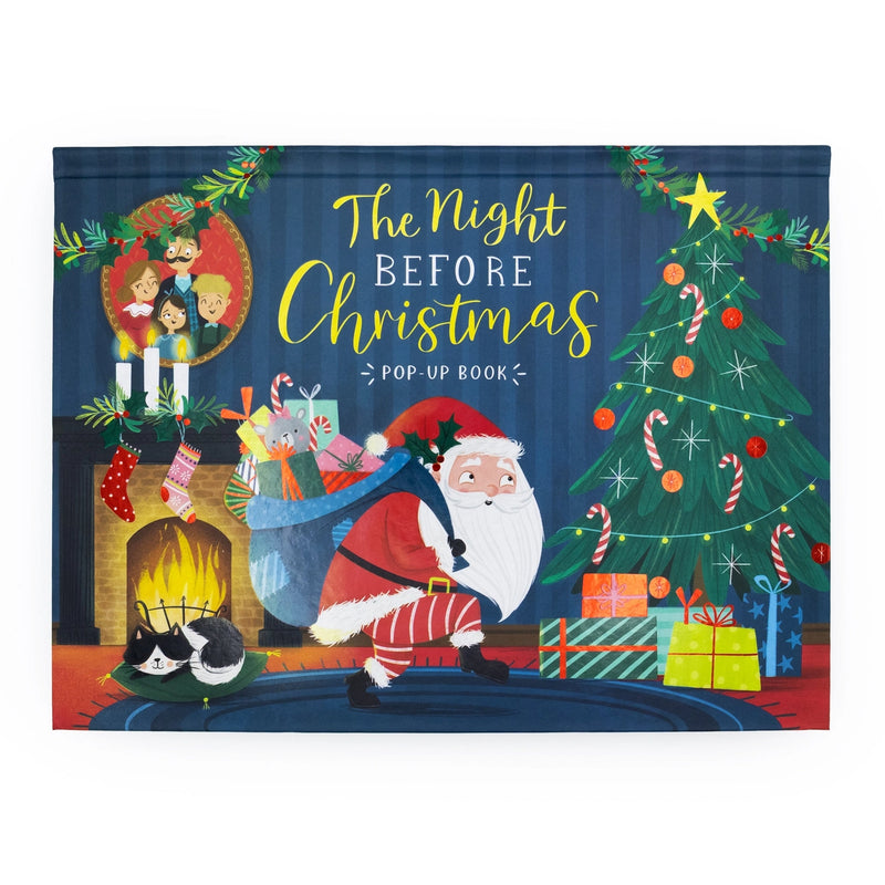 The Night Before Christmas Pop-Up Book front cover on a white background, showing Santa carrying a gift sack beside a decorated Christmas tree with a sleeping cat by the fireplace