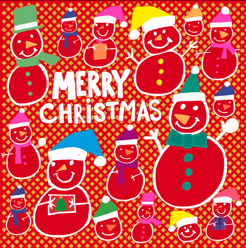 Merry Christmas card with cheerful smiley snowmen in Santa hats and scarves, shiny gold foil detailing and bright neon colours
