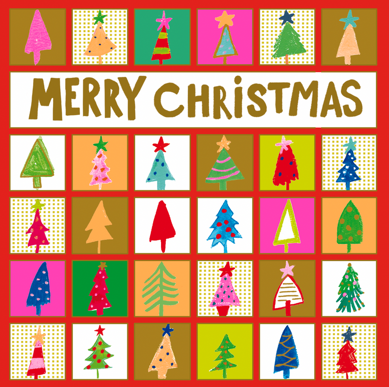 Merry Christmas card with a grid of colourful hand-painted Christmas tree icons and shiny gold foil detailing