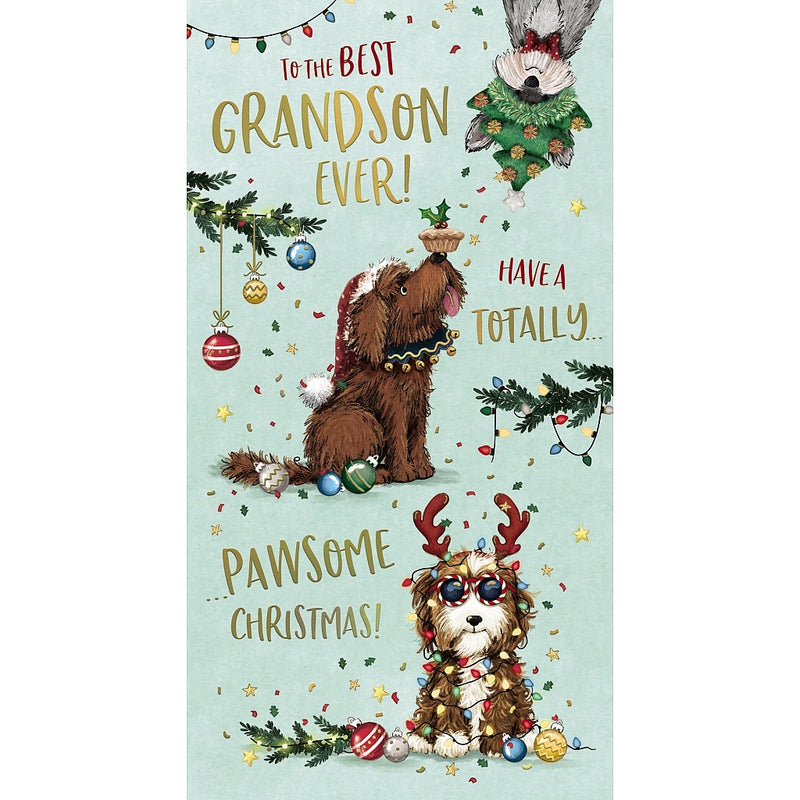  Best Grandson Ever Christmas card featuring three dogs with a Christmas tree hat, a Santa hat and reindeer antlers, surrounded by festive foliage and baubles
