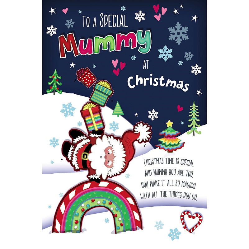 Special Mummy Christmas card featuring Father Christmas balancing presents above a candy-inspired rainbow, surrounded by Christmas trees, hearts, stars and snowflakes.