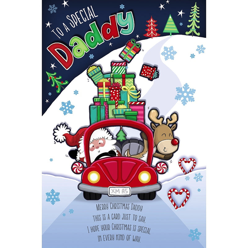 Special Daddy Christmas card featuring Father Christmas and a reindeer in a car piled high with presents, surrounded by snowy hills, Christmas trees, snowflakes and candy-inspired hearts.