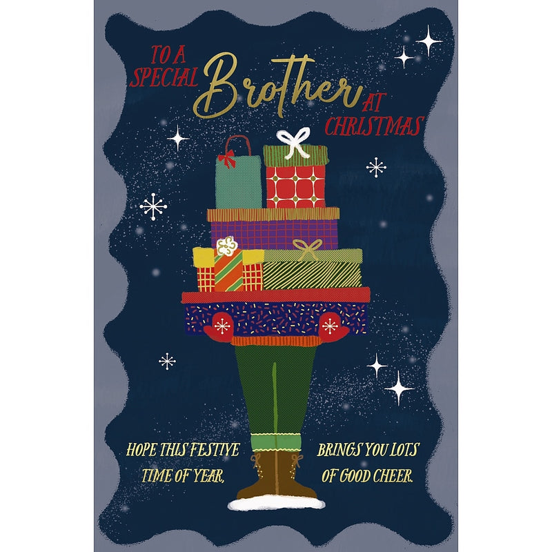 Special Brother Christmas card featuring a man carrying a towering stack of patterned presents, surrounded by stars and snowflakes.
