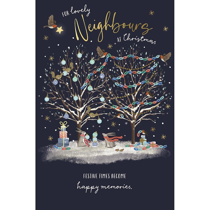 Lovely Neighbours Christmas card featuring two snowy trees decorated with baubles and paper chains, with woodland animals, birds and presents beneath