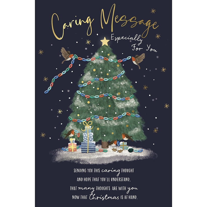 Caring Message Christmas card featuring robins decorating a Christmas tree with paper chains, wrapped presents beneath and stars surrounding the scene.