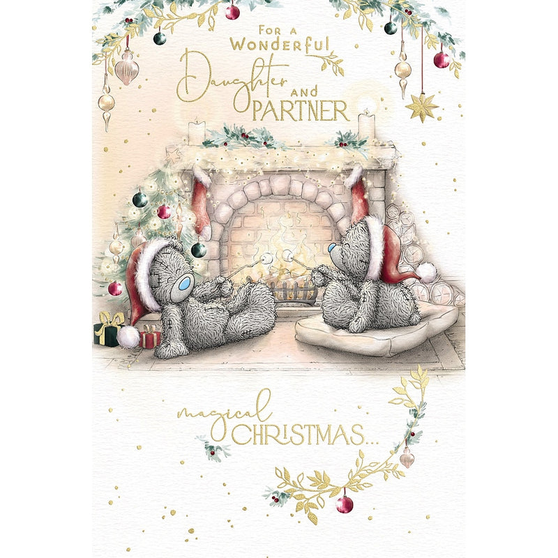 Wonderful Daughter and Partner Tatty Teddy Christmas card featuring two bears in Santa hats toasting marshmallows beside a fireplace, with stockings, a Christmas tree and presents
