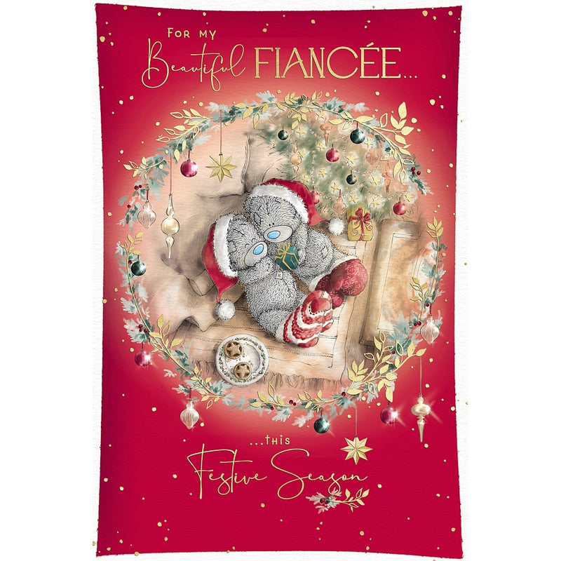 Beautiful Fiancée Tatty Teddy Christmas card featuring two bears cuddling in Santa hats and patterned socks beside a Christmas tree, framed by festive foliage, baubles and stars.