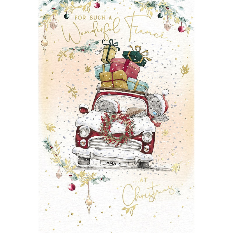 Wonderful Fiancé Tatty Teddy Christmas card featuring two bears wearing Santa hats in a snowy car piled with presents, with a wreath on the bonnet and festive foliage and baubles
