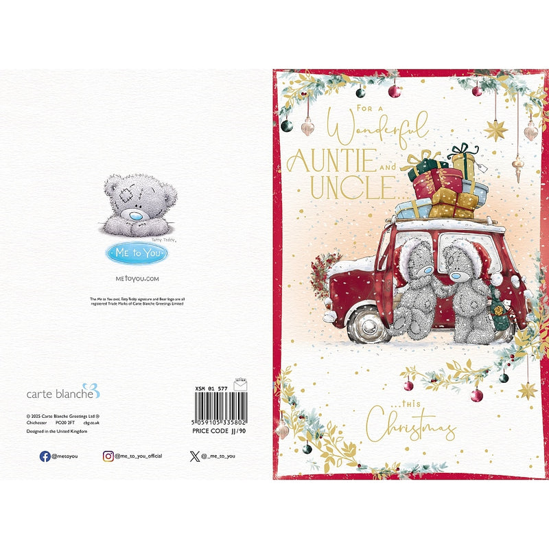 Wonderful Auntie and Uncle Tatty Teddy Christmas card featuring two bears wearing Santa hats and holding hands beside a car piled with presents, surrounded by festive foliage, baubles and stars