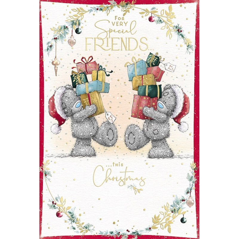 Very Special Friends Christmas card featuring two Tatty Teddy bears in Santa hats carrying stacks of wrapped presents, framed by festive foliage and hanging baubles.