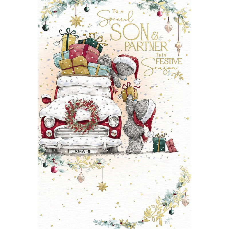 Special Son and Partner Me to You Tatty Teddy Christmas card featuring two bears wearing Santa hats passing a present beside a snow-covered car piled with gifts