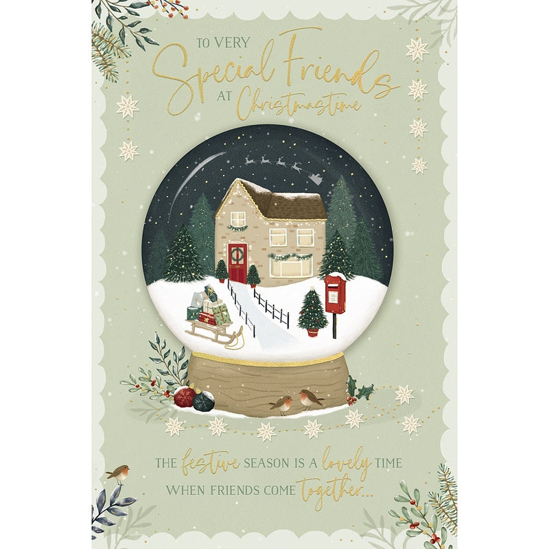 Very Special Friends Christmas card featuring a snowglobe with a snowy house, Christmas trees, postbox and present-filled sleigh, surrounded by robins and festive foliage.