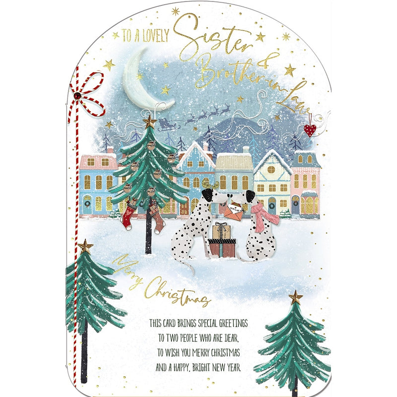 Lovely Sister and Brother-in-Law Christmas card featuring two spotted dogs wearing scarves with an envelope and presents, surrounded by snowy houses and decorated Christmas trees.