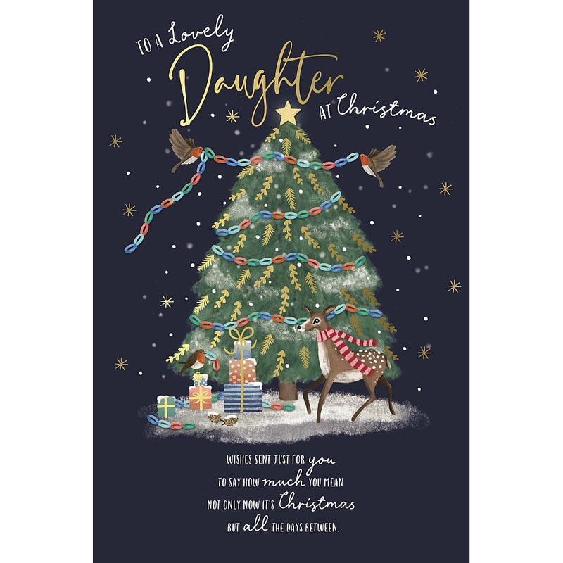 Lovely Daughter Christmas card featuring a reindeer wearing a scarf beside a Christmas tree decorated with paper chains, with robins, presents and falling snow.