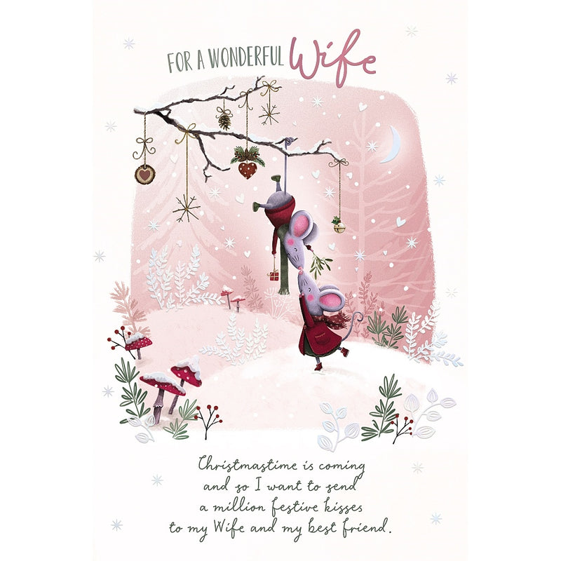 Wonderful Wife Christmas card featuring two mice kissing beneath a branch hung with hearts, stars and pinecones, surrounded by snowy foliage and toadstools
