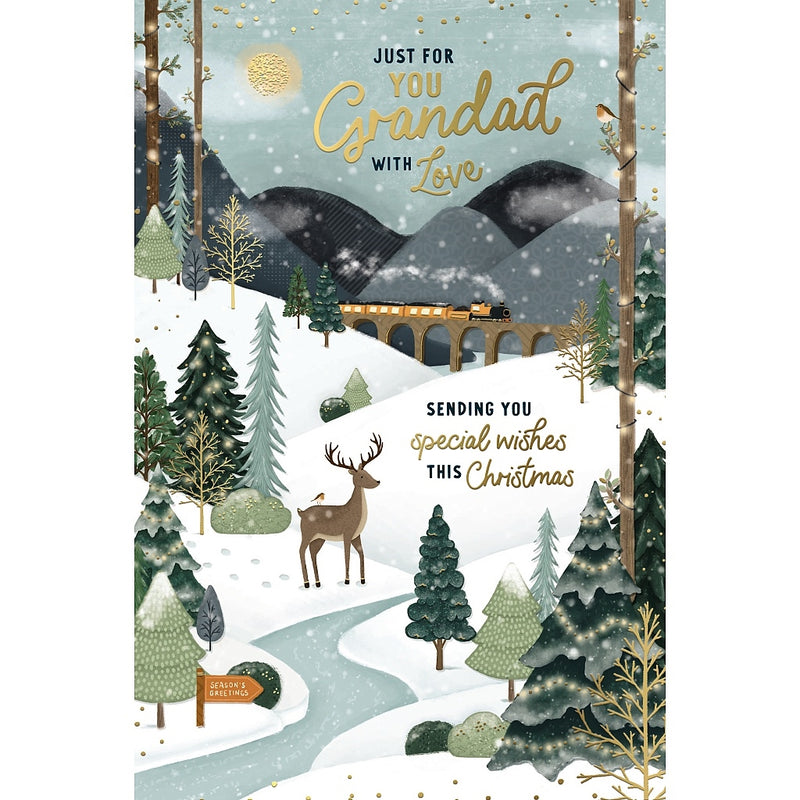 Grandad With Love Christmas card featuring a train crossing a snowy viaduct, a deer and robins among woodland trees, with mountains and a winding river.