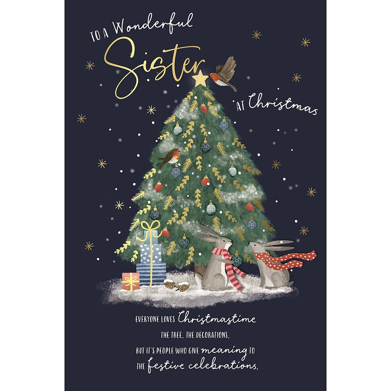 Wonderful Sister Christmas card featuring two bunnies wearing scarves beside a Christmas tree decorated with baubles, with robins, wrapped presents and falling snow.