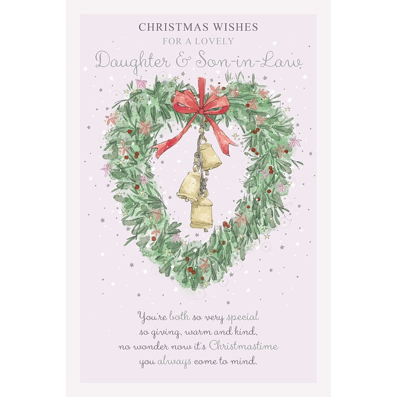 Lovely Daughter and Son-in-Law Christmas card featuring a heart-shaped foliage wreath with berries, small flowers, a ribbon bow and three hanging bells.