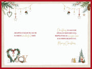 Inside of Special Couple Christmas card showing the Christmas verse and Merry Christmas greeting, bordered by festive foliage, hanging stars, little houses and Christmas trees.