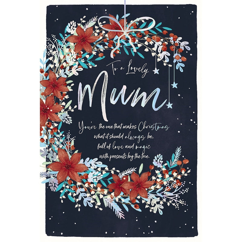 Lovely Mum Christmas card featuring illustrated poinsettias, berries and foliage with a ribbon bow, hanging stars and snowflakes