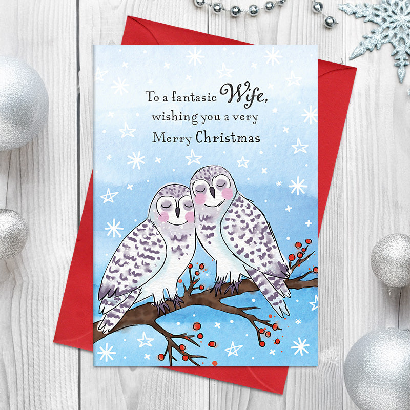 Fantastic Wife Christmas card featuring two illustrated owls nestled together on a berry-covered branch, surrounded by snowflakes and stars, with a Merry Christmas greeting