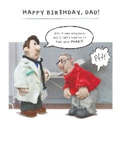 Funny birthday card for Dad with "Happy Birthday, Dad!" heading and an illustration of a dad at the doctor's with a hilariously embarrassing mishearing moment