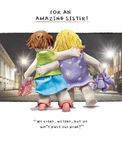 Funny birthday card for sister with "For an Amazing Sister!" heading and an illustration of two sisters walking arm in arm down a street with handbags