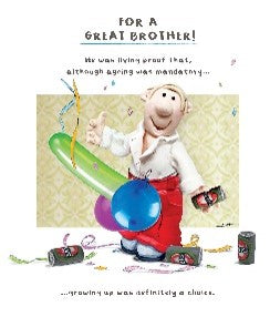 Funny birthday card for brother with bold "For a Great Brother!" heading and a cartoon character celebrating with balloons and party poppers