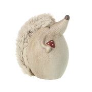 Hedgehog with Toadstool Ornament, glittery cream body with fluffy fur-effect spines, holding a small red toadstool