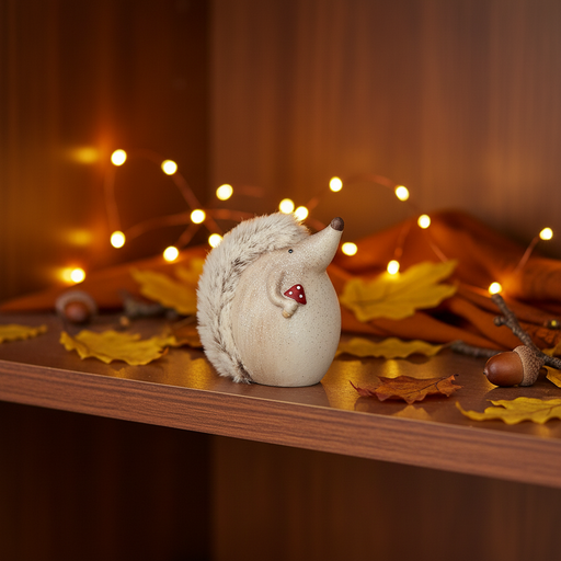A small cream hedgehog ornament with glitter detail, fluffy spines and a tiny red toadstool, displayed on a wooden surface in a warm cosy autumnal indoor setting with golden amber tones and soft bokeh fairy lights in the background