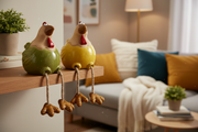 Ceramic chickens with dangly legs displayed on a shelf in yellow and green