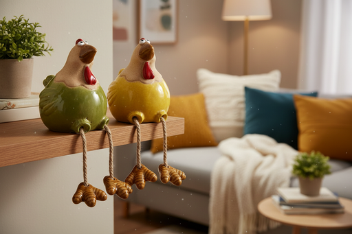 Ceramic chickens with dangly legs displayed on a shelf in yellow and green
