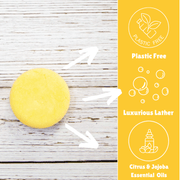 Laneside Soap Co Citrus Fresh Shampoo Bar showing plastic free, luxurious lather, and citrus and jojoba essential oils highlights