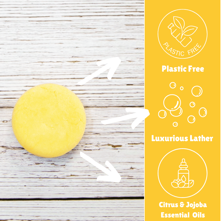 Laneside Soap Co Citrus Fresh Shampoo Bar showing plastic free, luxurious lather, and citrus and jojoba essential oils highlights